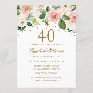 Rosa Guld Vattenfärg Blommig 40-årsdag Inbjudningar