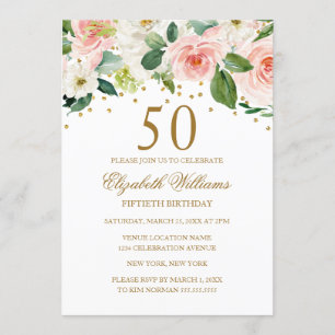 Rosa Guld Vattenfärg Blommig 50-års Födelsedag Inbjudningar
