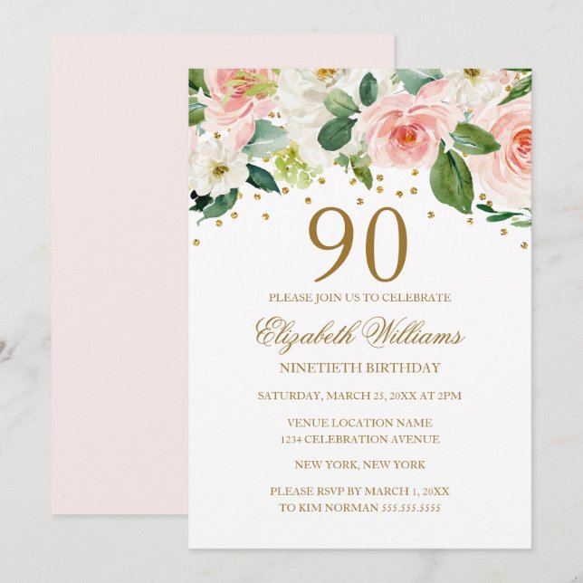 Rosa guld vattenfärg blommig 90-årsdag inbjudningar (Fram/baksida)