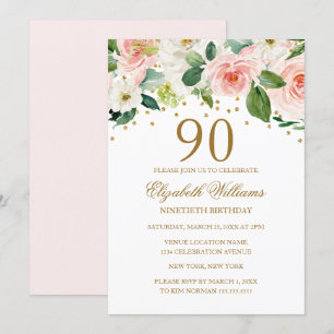 Rosa guld vattenfärg blommig 90-årsdag inbjudningar