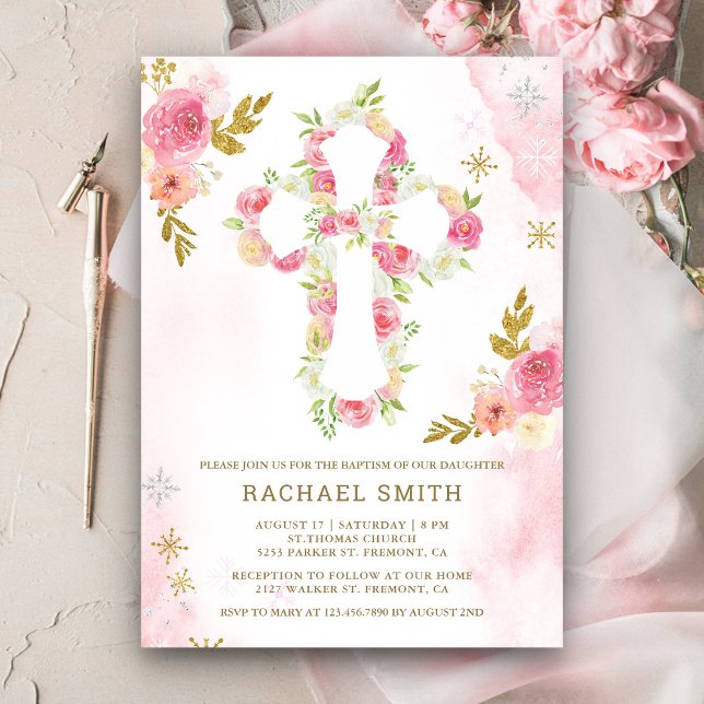 Rosa Guld Vattenfärg Blommig Dop Inbjudningar (Skapare uppladdad)