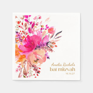 Rosa Guld Vattenfärg Blommig Elegant Bat Mitzvah Pappersservett
