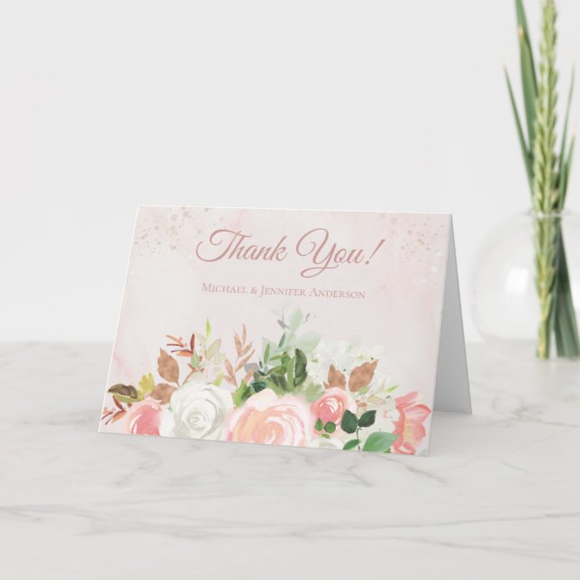 Rosa Guld Vattenfärg Blommig Tack Kort (Framsida)