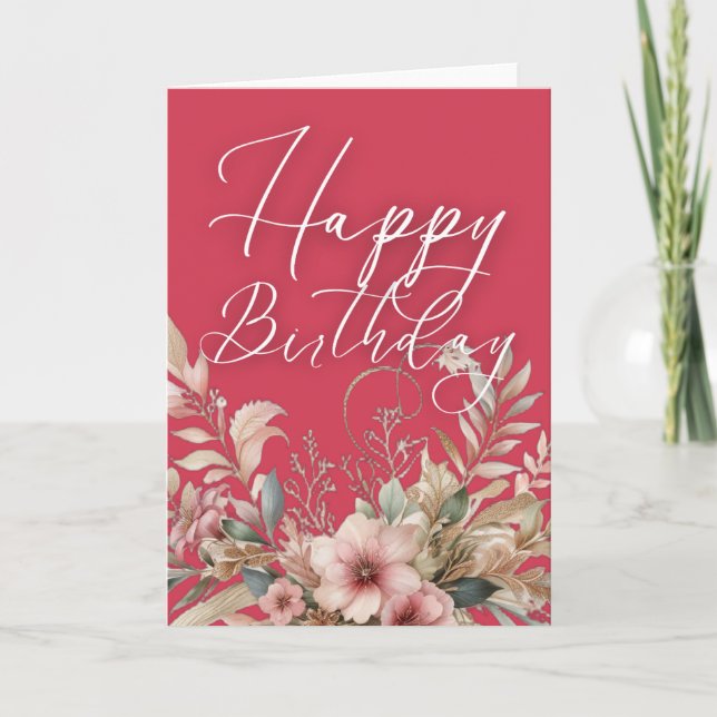 Rosa Guld Vattenfärg Boho Blommig Glad Födelsedag  Kort (Framsida)