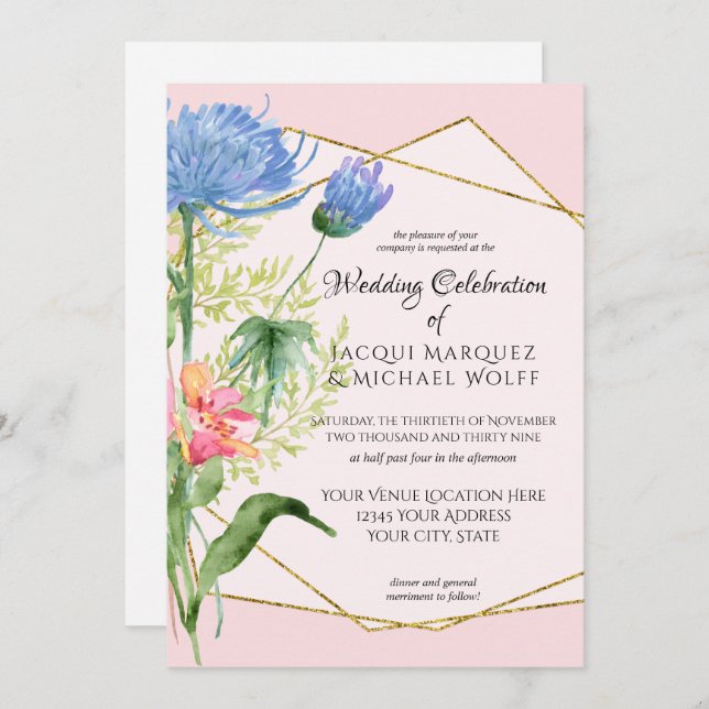  Rosa Guld Vattenfärgen Modern Blommigt Bröllop Inbjudningar (Fram/baksida)