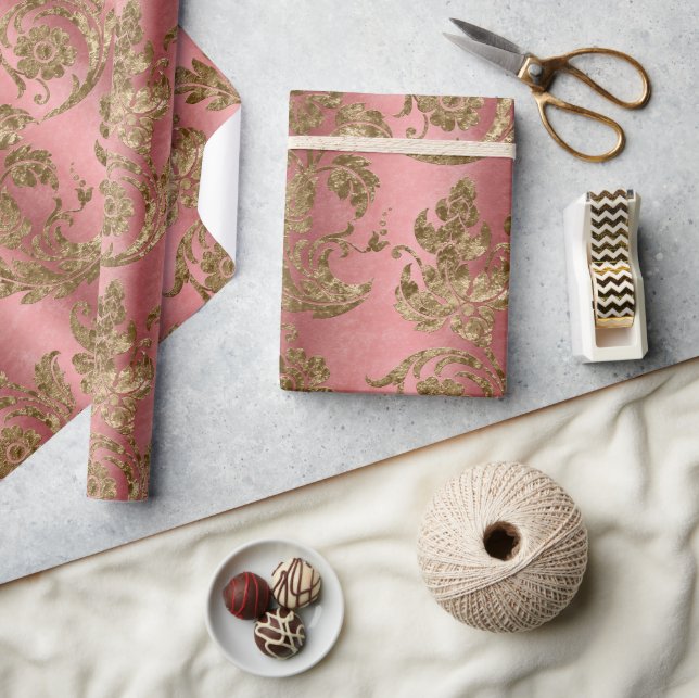 Rosa & Guld Velvet Damask Helgdag Presentpapper (Hantverk)