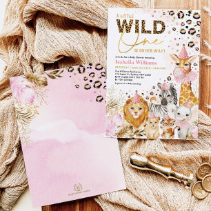 Rosa Guld Vild Party Djuren Jungle Baby Shower Inbjudningar