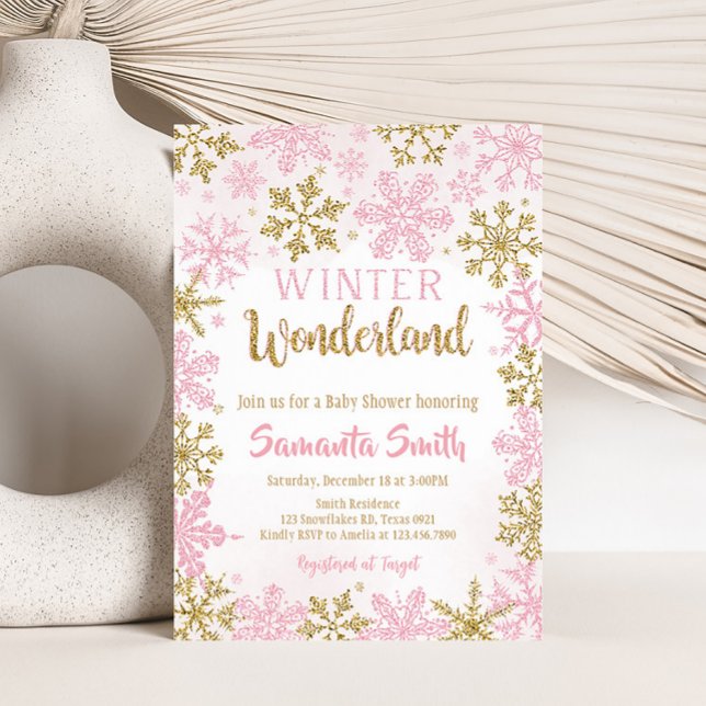 Rosa Guld Vinter Vonderland Baby Shower  Inbjudningar (Pink Gold Winter Wonderland Baby Shower Invitation)