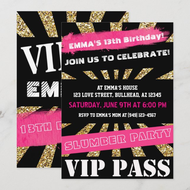 Rosa & Guld VIP PASS Girls Sleepover Teenage Girl Inbjudningar (Fram/baksida)