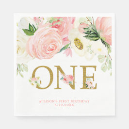 Rosa guld vit första födelsedag söt blommigt pappersservett