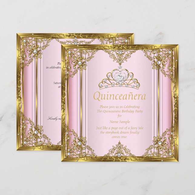 Rosa Guld Vit Pärla Prinsessa Quinceanera 3 Inbjudningar (Fram/baksida)