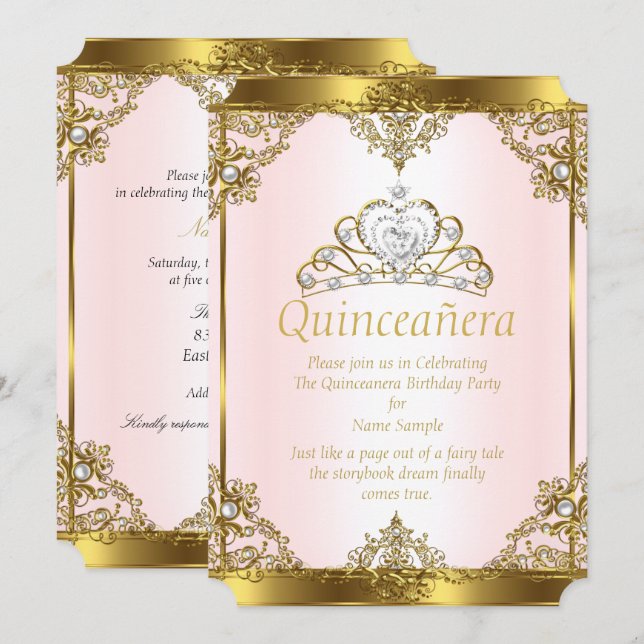 Rosa Guld Vit Pärla Prinsessa Quinceanera Inbjudningar (Fram/baksida)