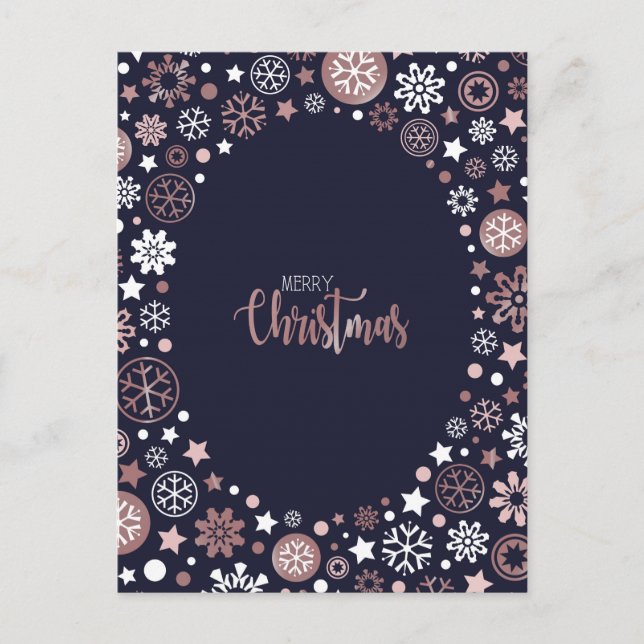 Rosa guld vit snöflingor-julmas-helgdagar helg vykort (Framsida)