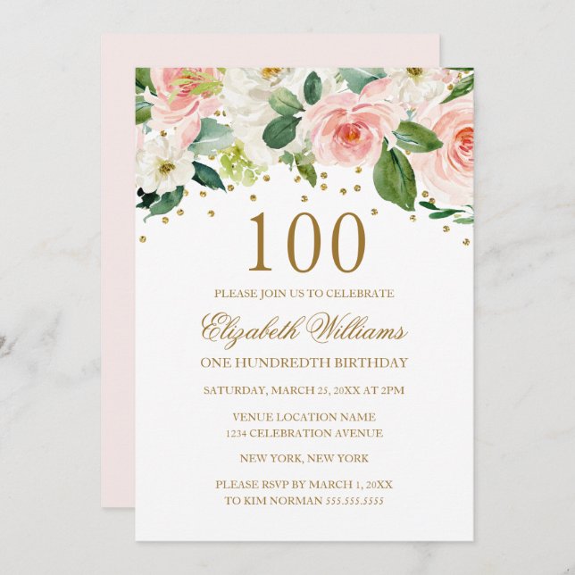 Rosa Guld Watercolor Blommigt 100 Birthday Inbjudningar (Fram/baksida)
