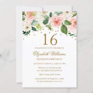 Rosa Guld Watercolor Blommigt 16:e födelsedagen Inbjudningar