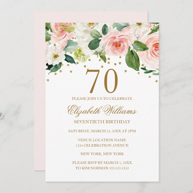 Rosa Guld Watercolor Blommigt 70:e födelsedagen Inbjudningar (Fram/baksida)