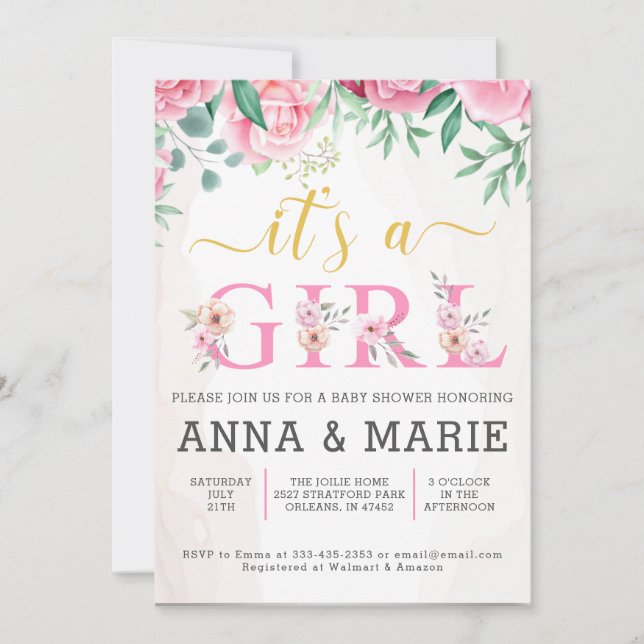 Rosa Guld Watercolor Blommigt Girl Baby Shower Inbjudningar (Framsida)