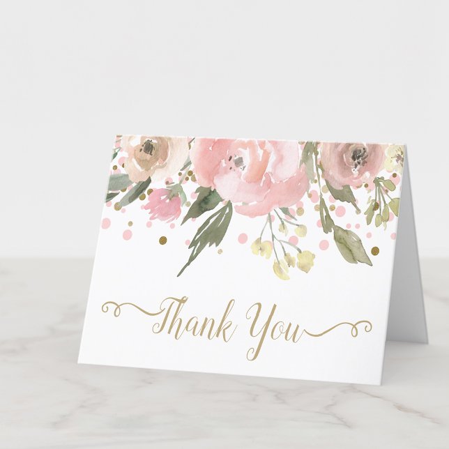 Rosa Guld Watercolor Blommigt Tack Kort (Pink & gold watercolor floral blank thank you notecard. Add your personal message, or leave blank.)
