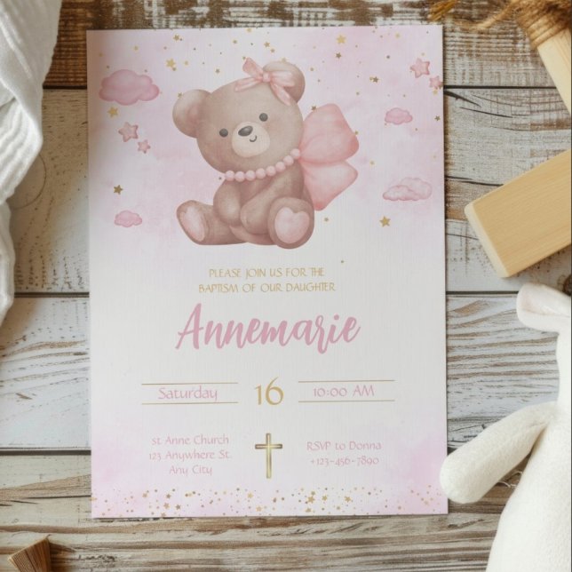 Rosa Guld Watercolor Cute Nalle Christening Inbjudningar (Skapare uppladdad)