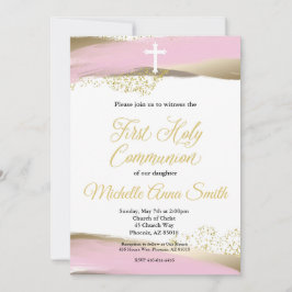 Rosa Guld Watercolor Girl Första Heligan Communice Inbjudningar