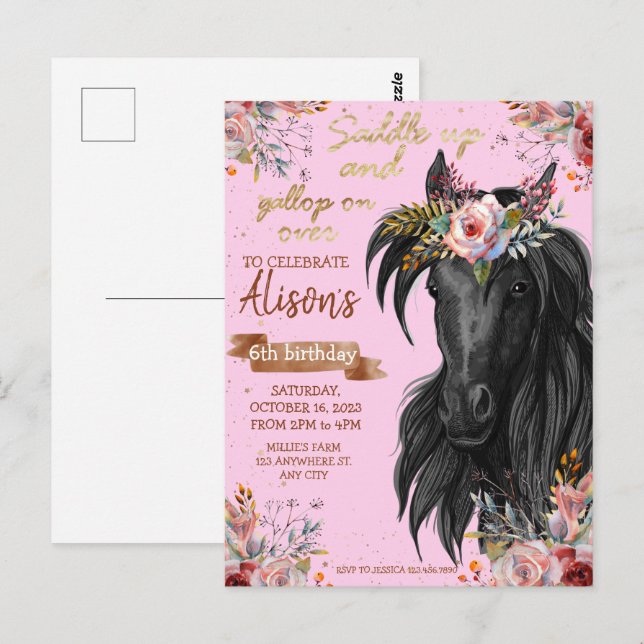 Rosa Guld Watercolor-häst födelsedagskalas cowgirl Vykort (Fram/baksida)