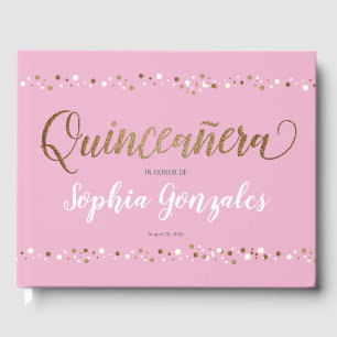 Rosa Guld White Confetti Quinceanera 15:e födelsed Gästböcker