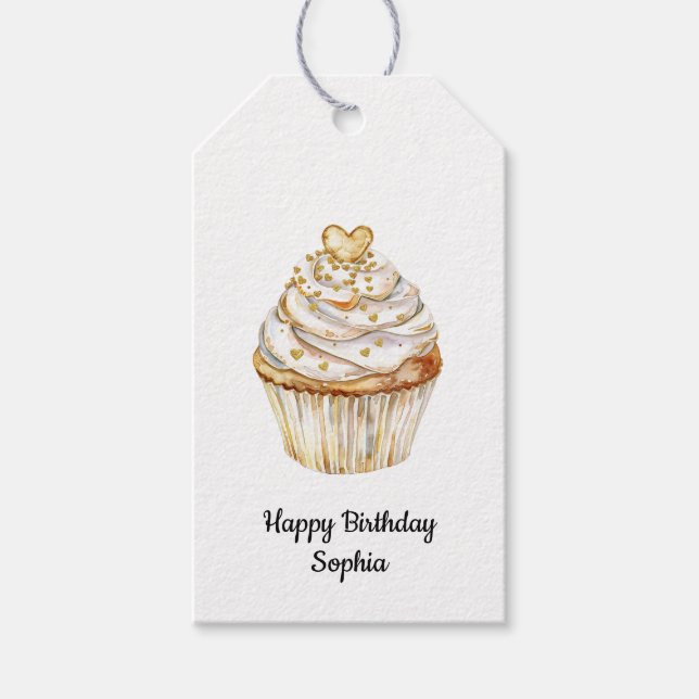 Rosa Guld White Cream Heart Cupkaka Birthday Presentetikett (Framsidan)