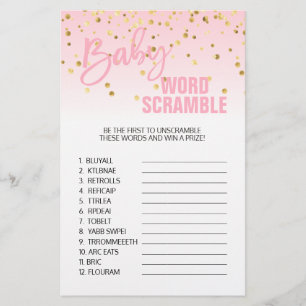Rosa Guld White Girl Baby Shower ORD SCRAMBLE Flygblad