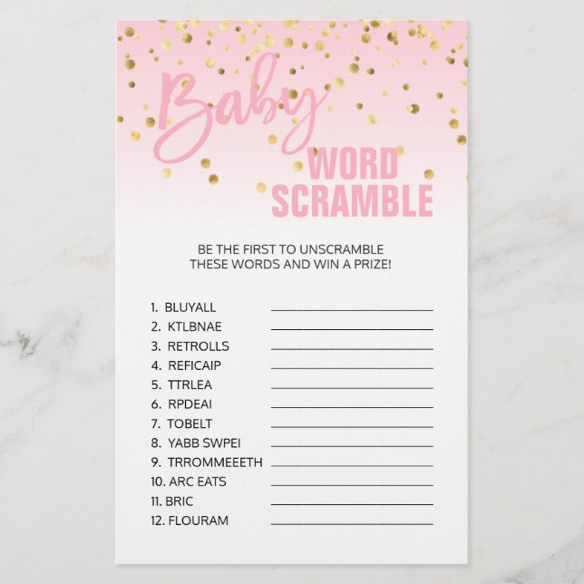 Rosa Guld White Girl Baby Shower ORD SCRAMBLE Flygblad (Framsidan)
