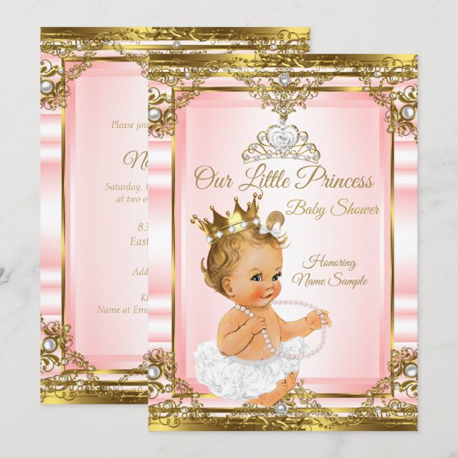 Rosa Guld White Pearl Princess Baby Shower Blonde Inbjudningar (Fram/baksida)
