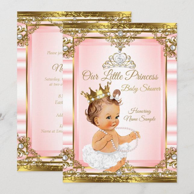 Rosa Guld White Pearl Princess Baby Shower Light L Inbjudningar (Fram/baksida)