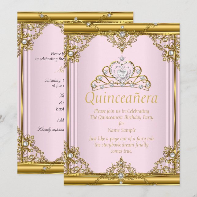 Rosa Guld White Pearl Princess Quinceanera  Inbjudningar (Fram/baksida)