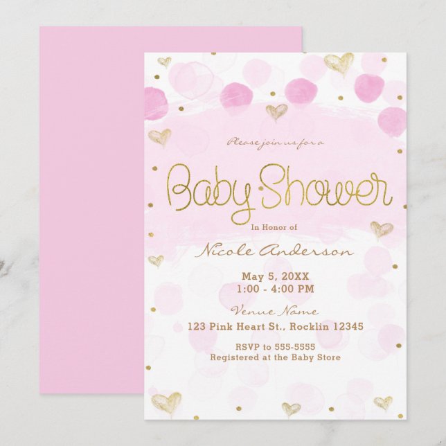 Rosa Guld White Polka dots & Hearts Baby Shower Inbjudningar (Fram/baksida)