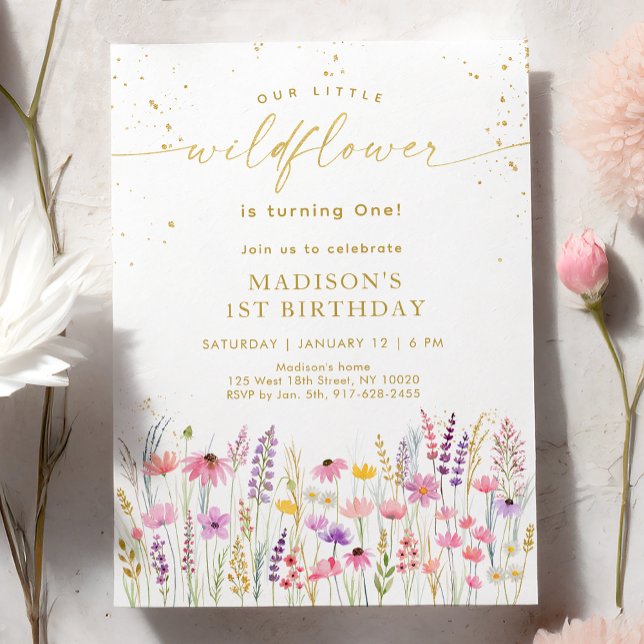 Rosa Guld Wildbloms Meadow Birthday Inbjudningar (Skapare uppladdad)