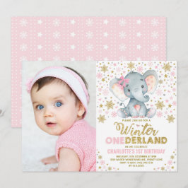 Rosa Guld Winter Onederland Elephant 1st Birthday Inbjudningar