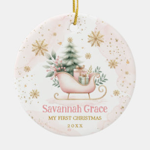 Rosa Guld Winter Sleigh Flicka 1:a jul Julgransprydnad Keramik