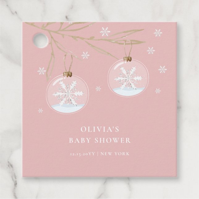 Rosa Guld Winter Snowflake Baby Shower Gåvor Etiketter (Framsida)
