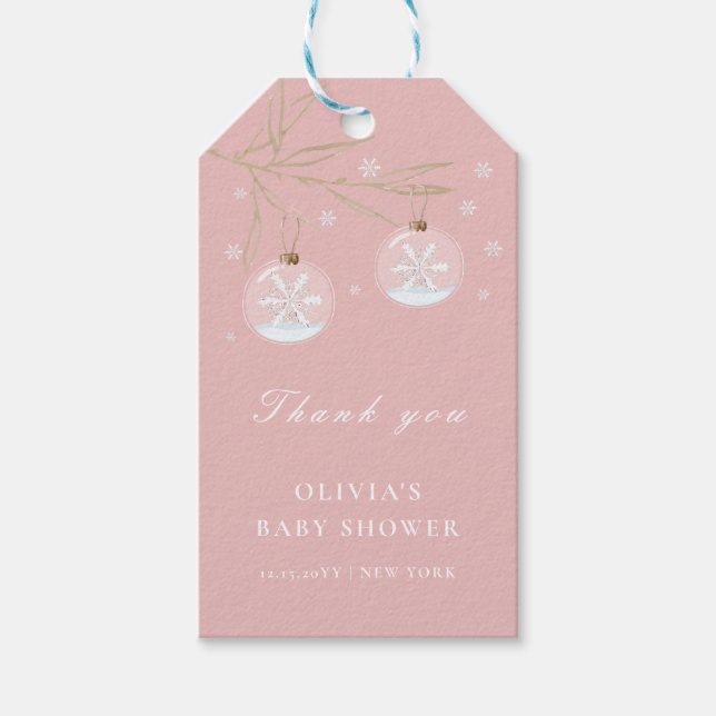 Rosa Guld Winter Snowflake Baby Shower Presentetikett (Framsidan)