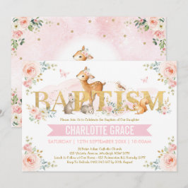 Rosa Guld Woodland Animals  Blommigt Baptism Inbjudningar