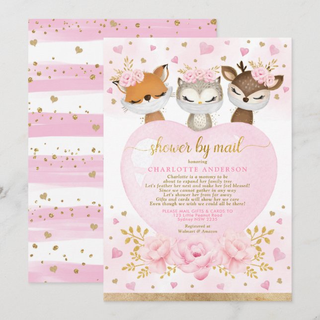 Rosa Guld Woodland Baby Shower by Mail Inbjudningar (Fram/baksida)