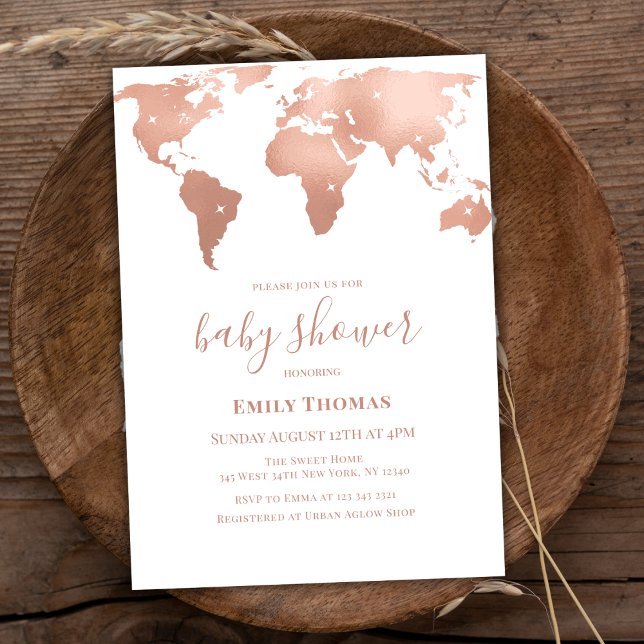 Rosa Guld World Map Travel Baby Shower Äventyr på  Inbjudningar (Pink Gold World Map Travel Adventure Baby Shower Invitation)