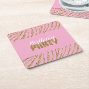 Rosa Guld Zebra tryck Faux Glitter födelsedag Underlägg Papper Kvadrat