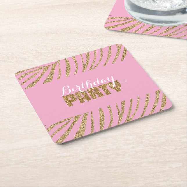 Rosa Guld Zebra tryck Faux Glitter födelsedag Underlägg Papper Kvadrat (Vinklad)