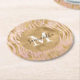 Rosa  Guld Zebra tryck Glitz-Gnistran    Underlägg Papper Rund