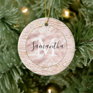 Rosa  Guld Zebra tryck Glitz Monogram Julgransprydnad Keramik