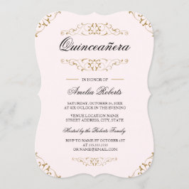 Rosa guldantika Quinceanera-inbjudan med flourish Inbjudningar