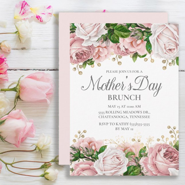 Rosa guldblommig morsdagsbrunch inbjudningar (Elegant pink roses Mother's Day invitation)