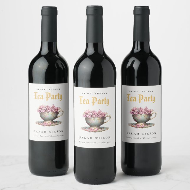 Rosa guldblommig tekop Bröllopsdusch Tekoppfest  Vinflaska Etikett (Flaskor)