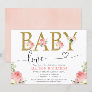 Rosa guldglitter Baby Love flickor babyfest Inbjudningar