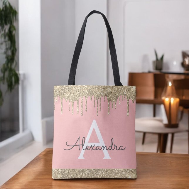 Rosa  Guldglitter Elegant Monogram Tygkasse (Skapare uppladdad)